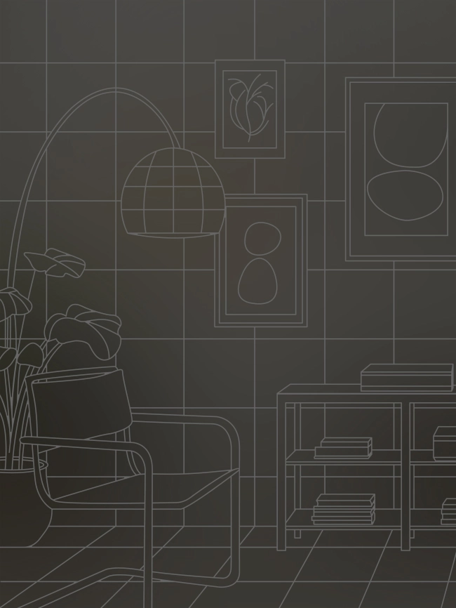 삼성 XR 기기로 공간 인식 중인 인테리어 장면. 실내 배경 위에 3D 격자가 씌워져 공간의 깊이와 구조를 표현한다.