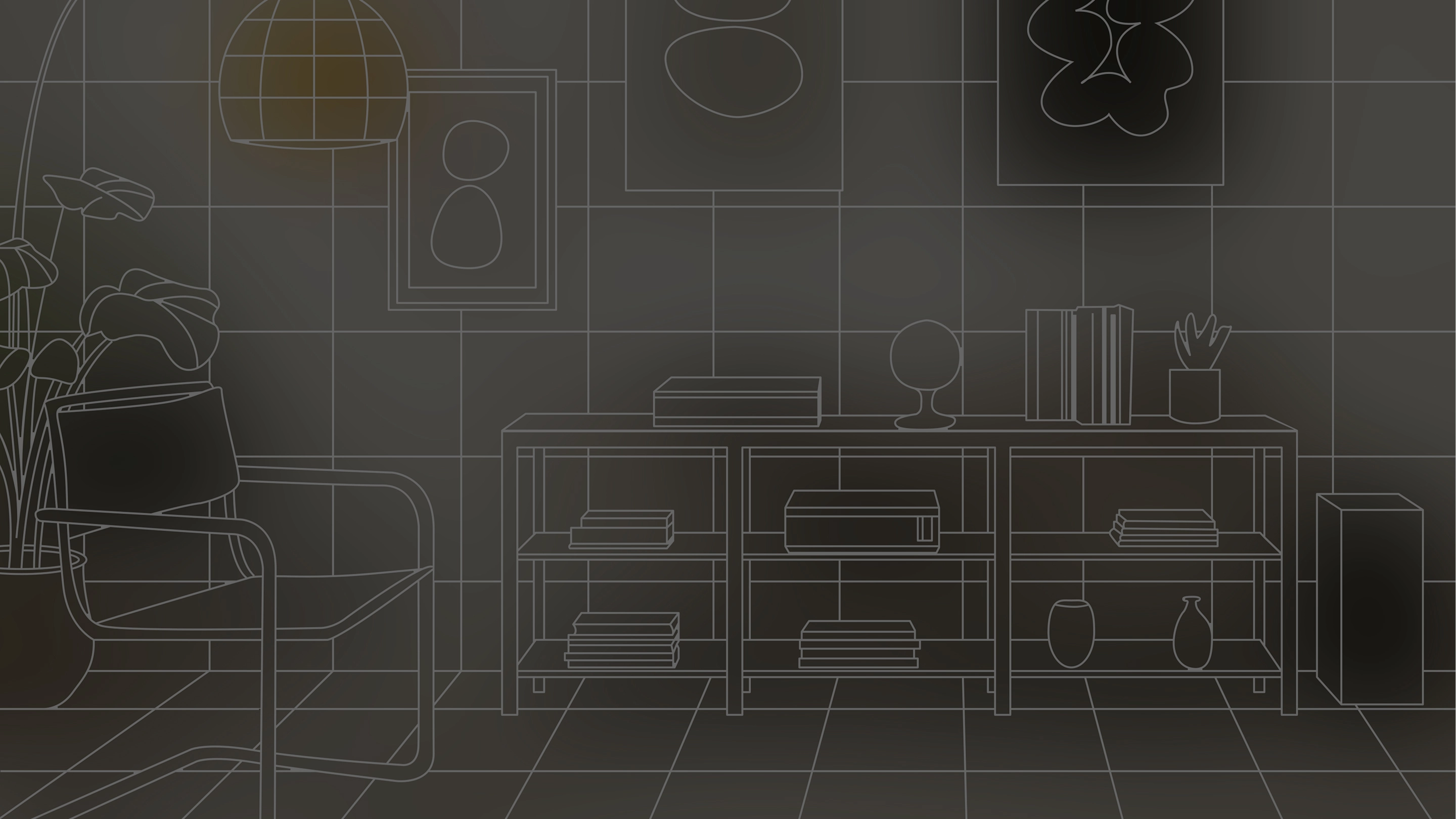 삼성 XR 기기로 공간 인식 중인 인테리어 장면. 실내 배경 위에 3D 격자가 씌워져 공간의 깊이와 구조를 표현한다.