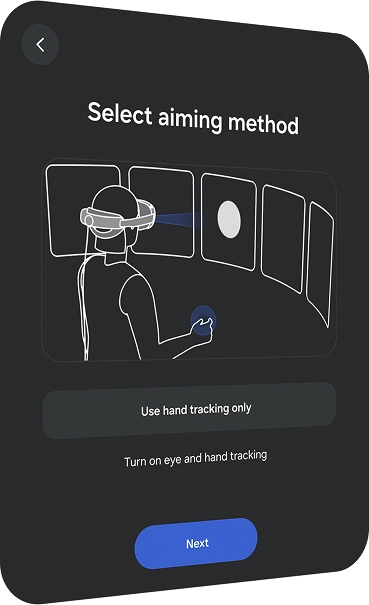 “셀렉트 에이밍 메소드” 안내 문이 보이는 이미지. 아래, 삼성 XR 기기에서 손 동작으로 팝업 창을 제어하는 모습을 표현한 라인 일러스트.