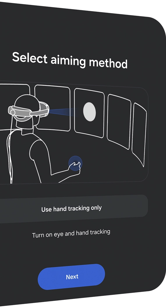 “셀렉트 에이밍 메소드” 안내 문이 보이는 이미지. 아래, 삼성 XR 기기에서 손 동작으로 팝업 창을 제어하는 모습을 표현한 라인 일러스트.