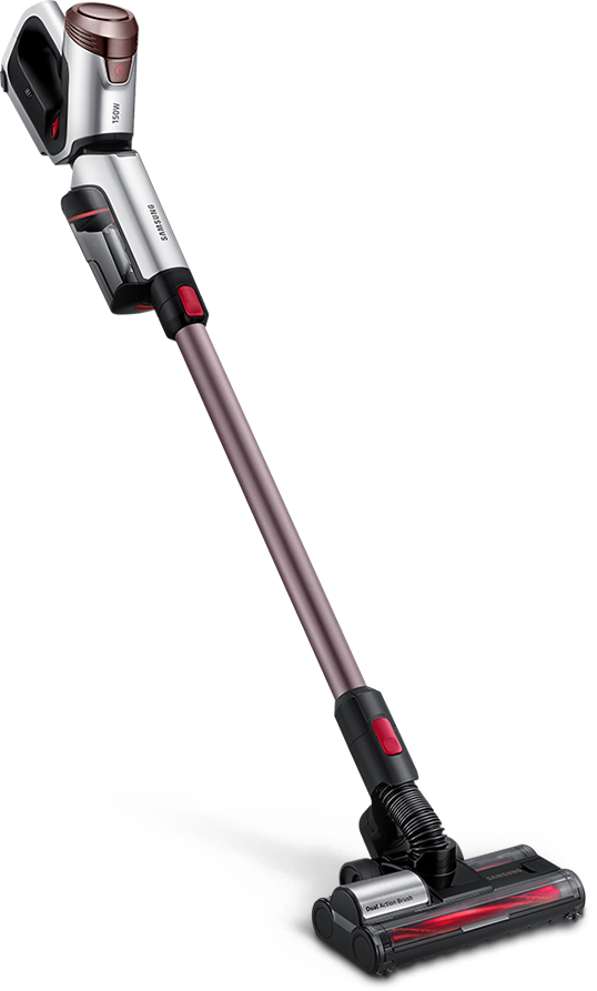 POWERGun 청소기 두 대가 교차하여 세워져 있습니다.