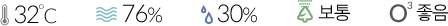 기온 32℃ / 습도 76% / 강수확률 30% / 미세먼지 보통 / 오존 좋음