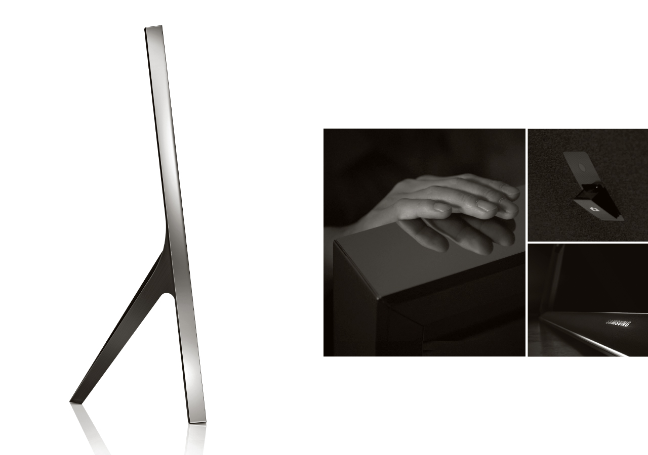 TV의 옆모습이 좌측에 보여지고 우측으로는 작은 부분부분들이 보여지고 있습니다.